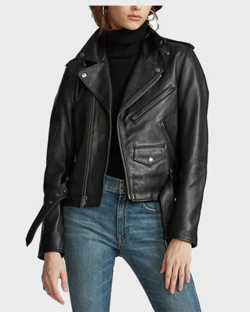 Biker Style Womens Black Leather Jacket