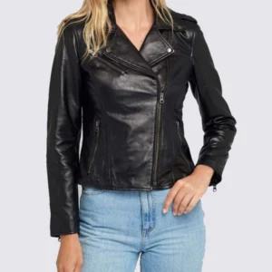 Black Biker Notch Collar Womens Leather Jacket