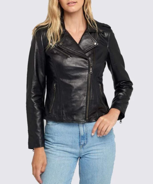 Black Biker Notch Collar Womens Leather Jacket