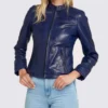 Blue Cafe Race Stand Collar Leather Jacket