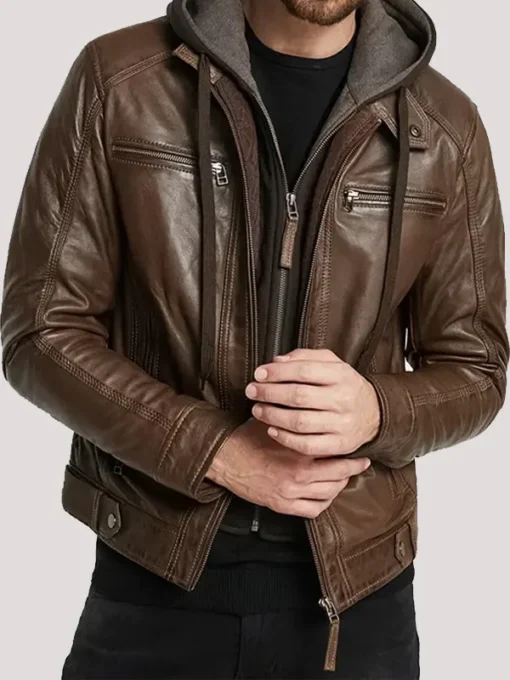 Brown Hooded Motorcycle Leather Jacket