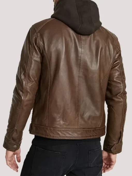 Dark Brown Hooded Leather Jacket for Mens