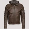 Dark Brown Hooded Leather Biker Moto Jacket