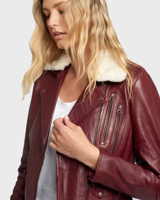 Lapel Style Womens Maroon Leather Jacket
