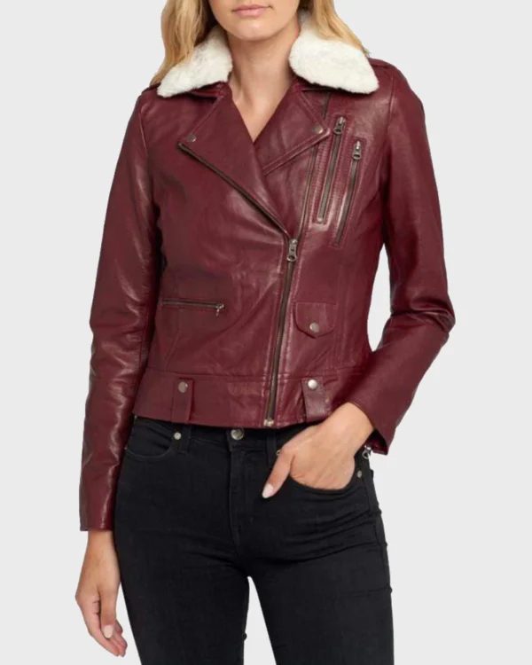 Maroon Fur Biker Leather Jacket