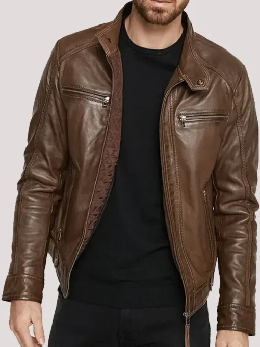 Brown Hooded Biker Leather Jacket for Mens