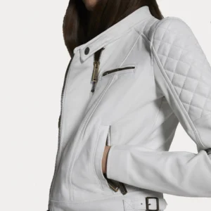 Quiltred Biker White Leather Jacket