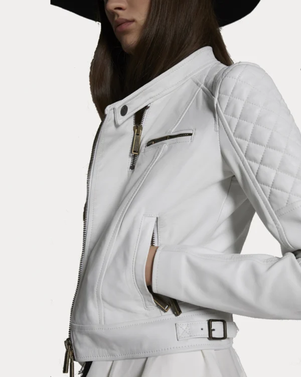Quiltred Biker White Leather Jacket