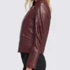 Women Dark Maroon Cafe Racer Leather Jacket