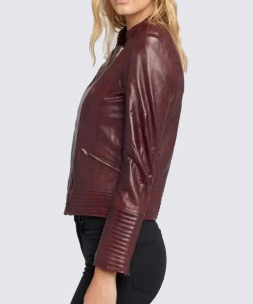 Women Dark Maroon Cafe Racer Leather Jacket