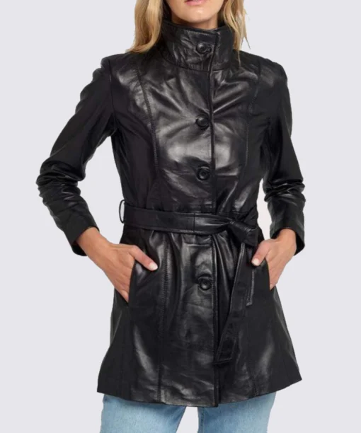 Womens Belted Black Leather Jacket