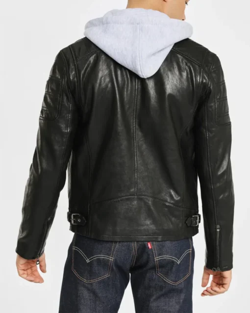 Black Biker Hooded Genuine Leather Jacket