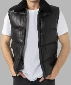 Mens Black Shearling Leather Puffer Vest