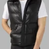 Black Shearling Leather Puffer Vest For Men