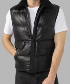 Black Shearling Leather Puffer Vest For Men