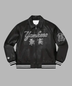 Black Bomber Leather Supreme NY Yankees Jacket